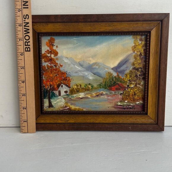 Vintage Landscape Painting In Wood Frame 8.5x6.5 Inches Autumn Mountain Scene Si - Picture 6 of 6